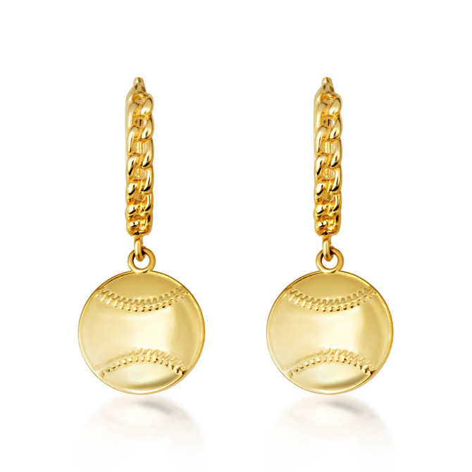 Yellow Gold Baseball Sports Cuban Link Huggie Earrings