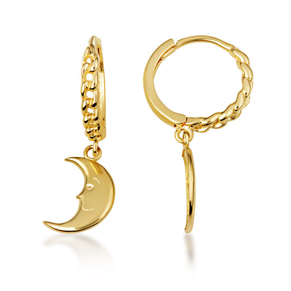Yellow Gold Crescent Moon Face Huggie Earring