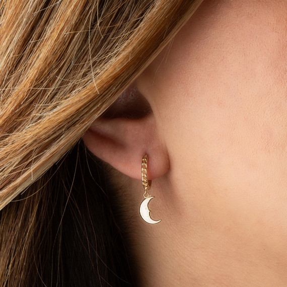 Yellow Gold Crescent Moon Face Huggie Earring