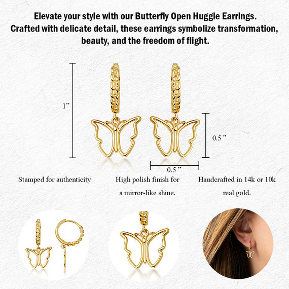Yellow Gold Butterfly Open Cuban Link Huggie Earrings
