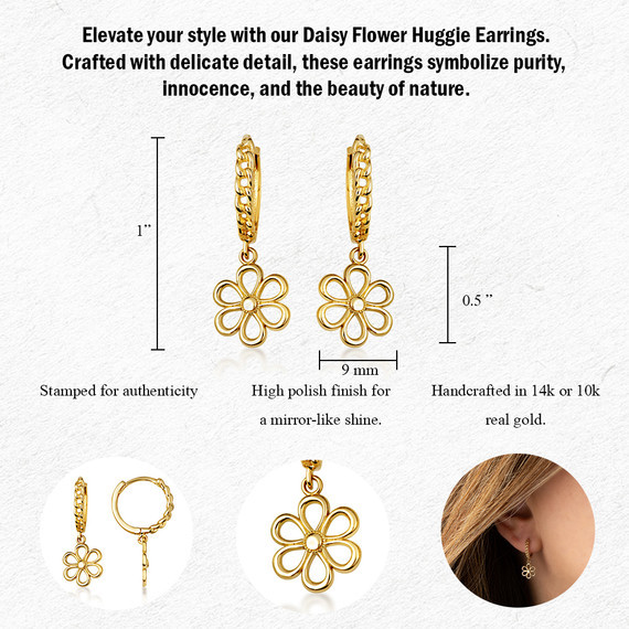 Yellow Gold Daisy Flower Cuban Link Huggie Earrings