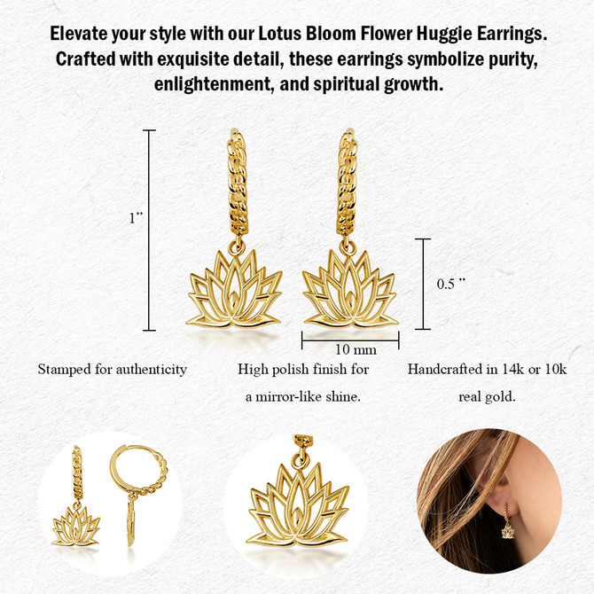 Yellow Gold Lotus Bloom Flower Cuban Link Huggie Earrings