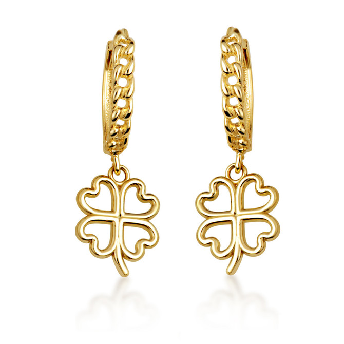 Yellow Gold 4 Leaf Clover Lucky Cuban Link Huggie Earrings