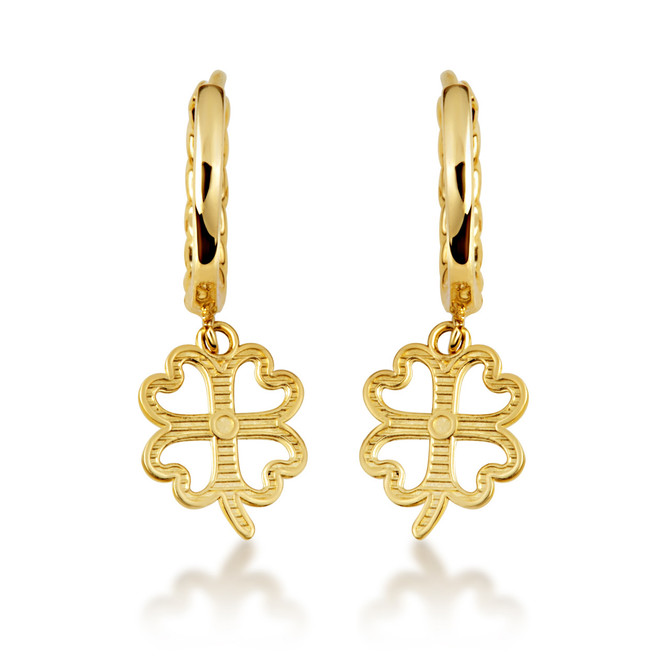 Yellow Gold 4 Leaf Clover Lucky Cuban Link Huggie Earrings