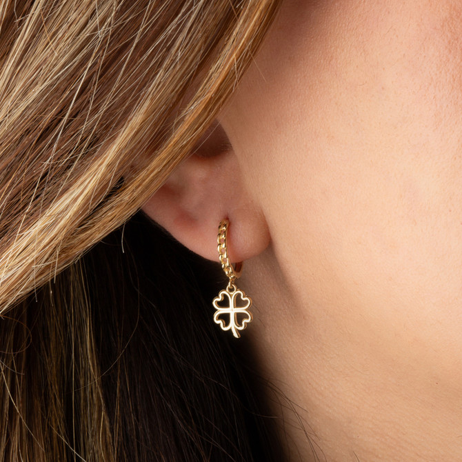 Yellow Gold 4 Leaf Clover Lucky Cuban Link Huggie Earrings