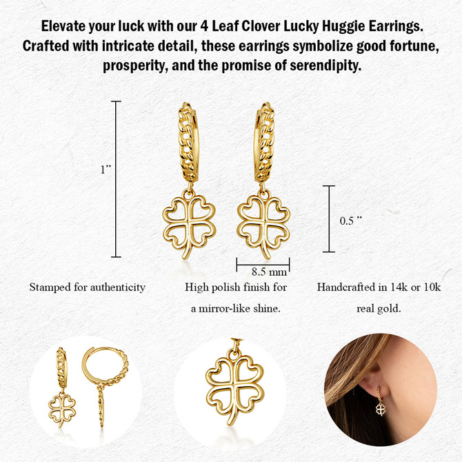 Yellow Gold 4 Leaf Clover Lucky Cuban Link Huggie Earrings