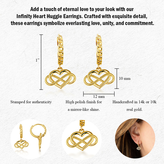Yellow Gold Infinity Heart Cuban Link Huggie Earrings