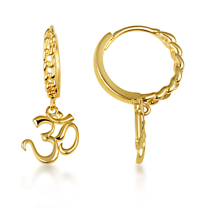 Yellow Gold Spiritual Om Symbol Cuban Link Huggie Earrings