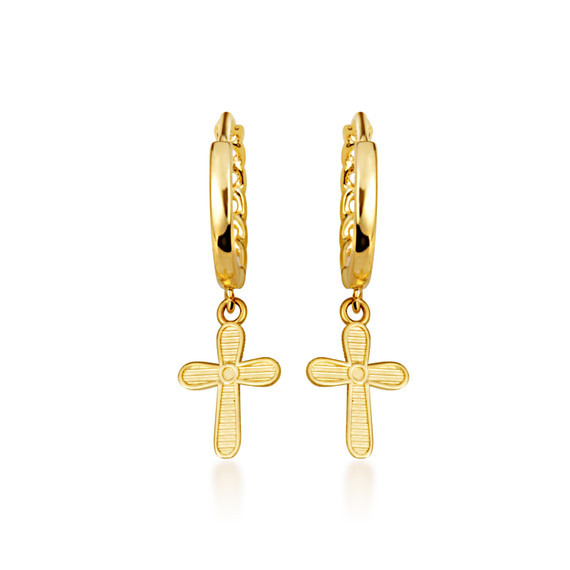 Yellow Gold Cross Crucifix Jesus Christ Milgrain Cuban Link Huggie Earrings