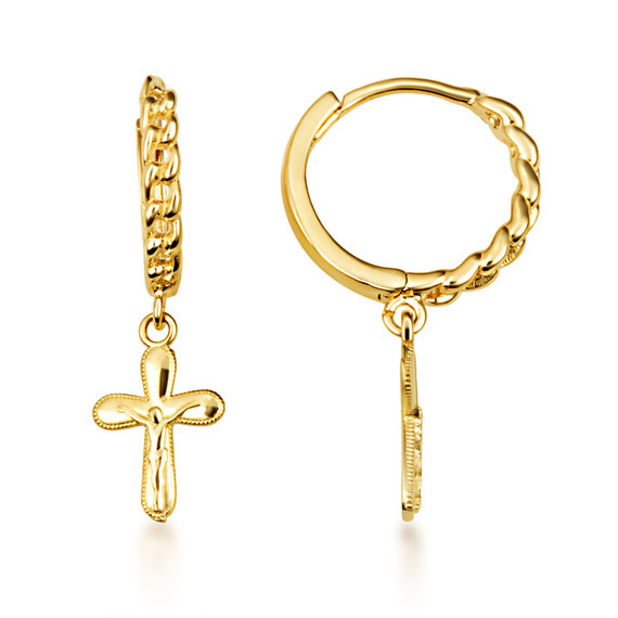 Yellow Gold Cross Crucifix Jesus Christ Milgrain Cuban Link Huggie Earrings