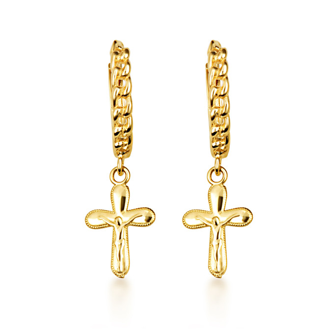 Yellow Gold Cross Crucifix Jesus Christ Milgrain Cuban Link Huggie Earrings