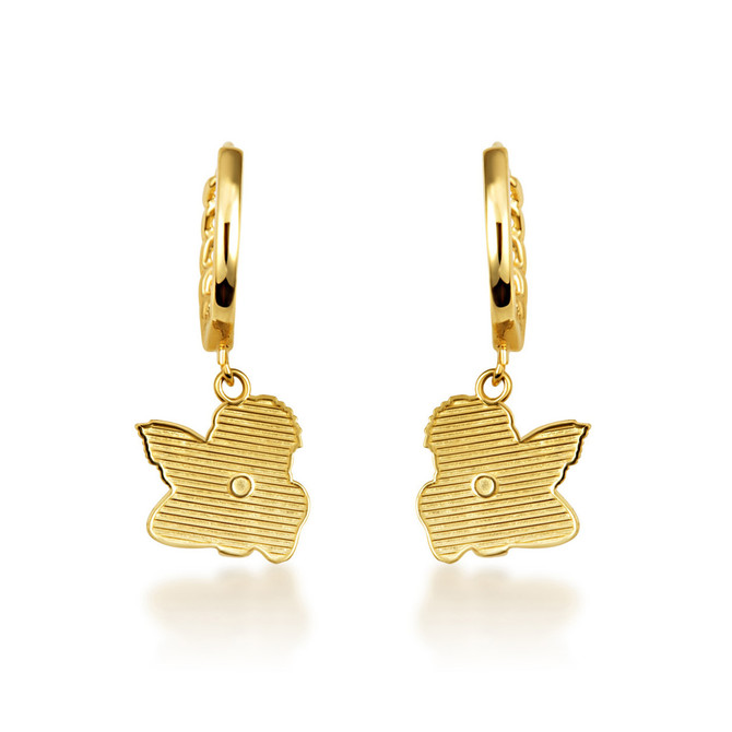 Yellow Gold Cherub Angel Wings Cuban Link Huggie Earrings