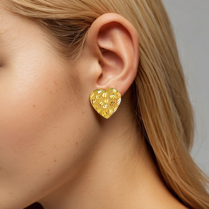 14K Yellow Gold Nugget Diamond-Cut Heart Stud Earrings (3 sizes)