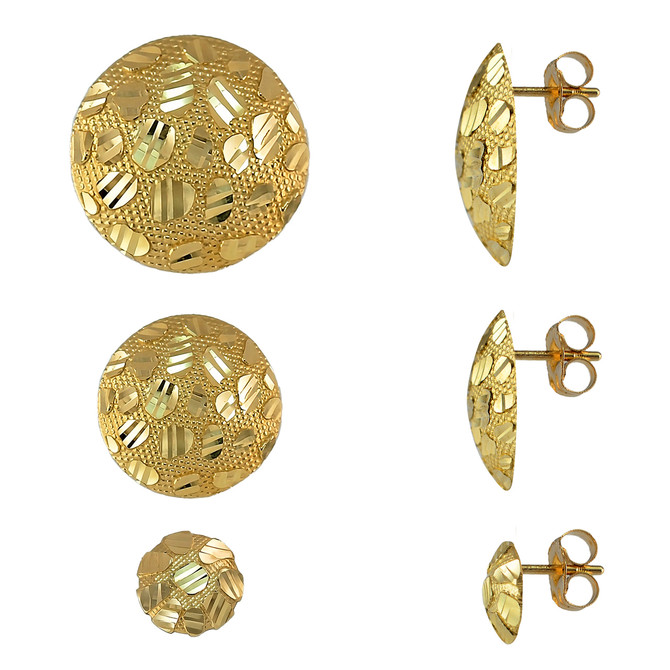 14K Yellow Gold Nugget Sparkle Cut Round Stud Earrings (3 sizes)
