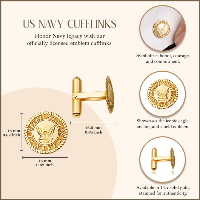 14K Yellow Gold United States Navy Emblem Officially Licensed Cufflinks