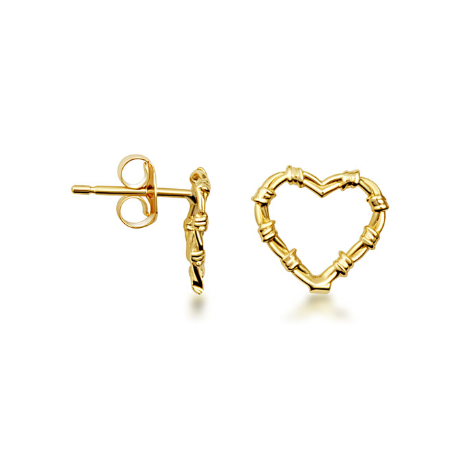 Yellow Gold Barbed Wire Heart Stud Earrings
