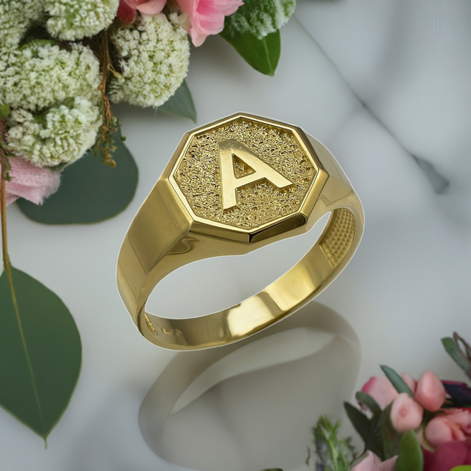 Men's Yellow Gold Letter Initial Octagon Signet Ring