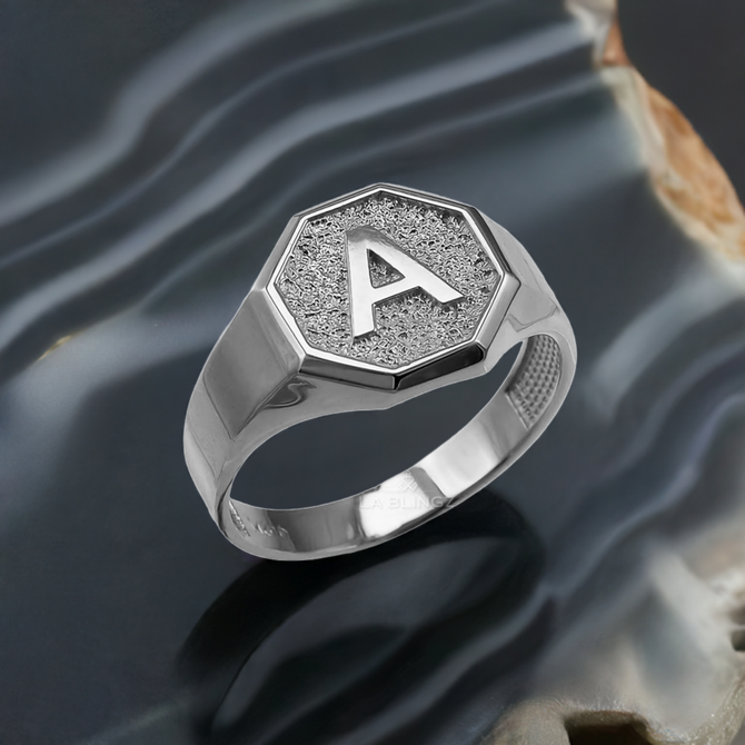 Men's White Gold Letter Initial Octagon Signet Ring