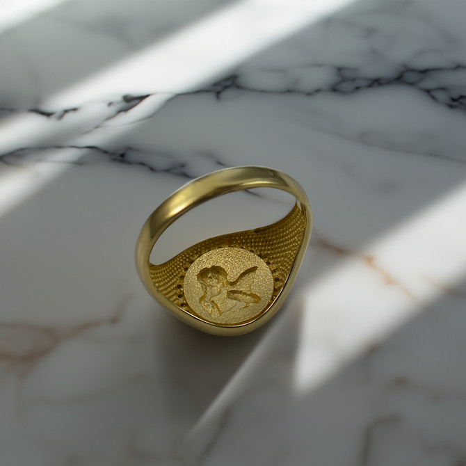 Gold Cupid Cherub Angel Halo Diamond Round Signet Ring
