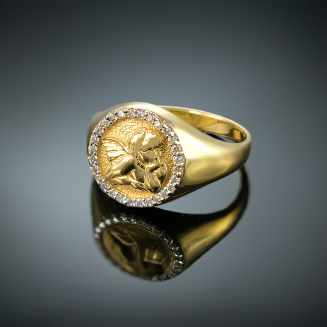Gold Cupid Cherub Angel Halo Diamond Round Signet Ring