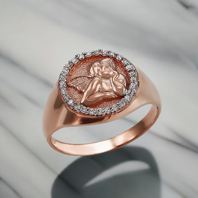Gold Cupid Cherub Angel Halo Diamond Round Signet Ring