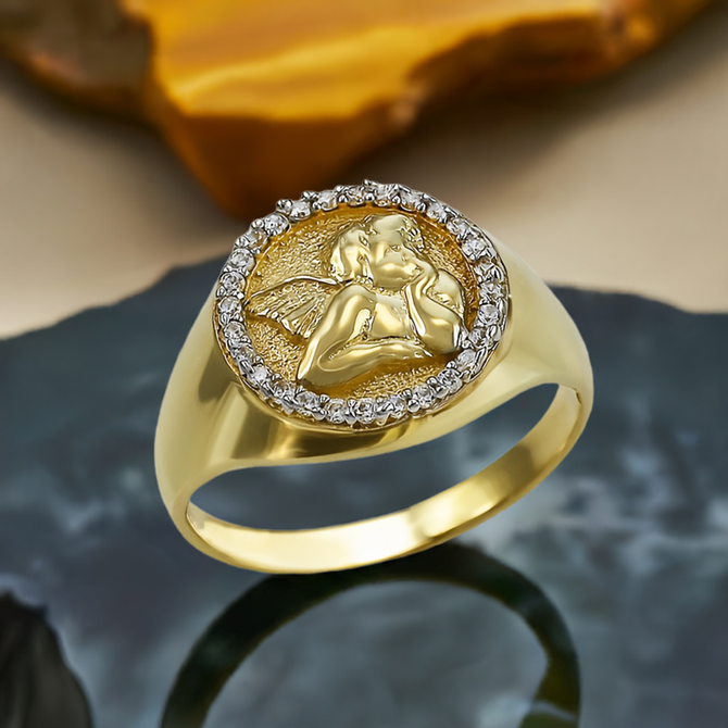 Gold Cupid Cherub Angel Halo Diamond Round Signet Ring