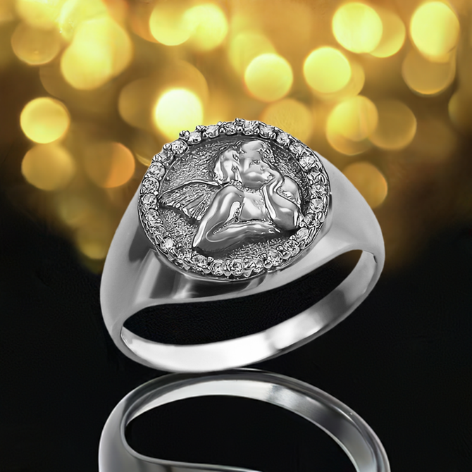 Gold Cupid Cherub Angel Halo Diamond Round Signet Ring