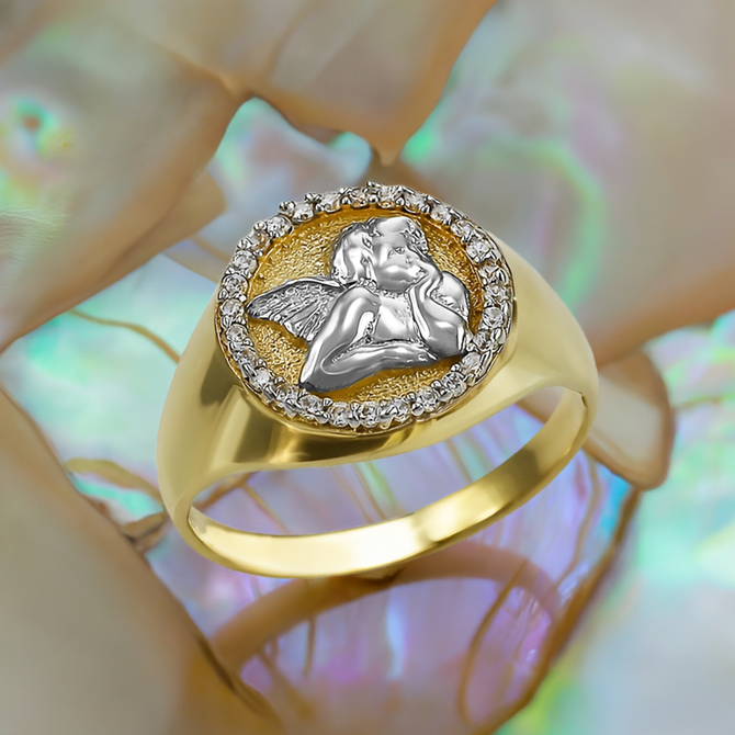 Gold Cupid Cherub Angel Halo Diamond Round Signet Ring