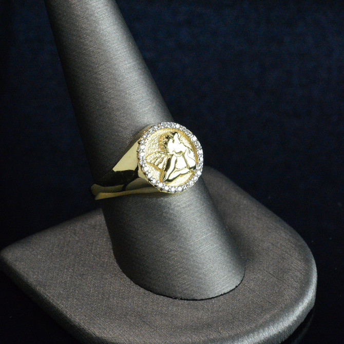 Gold Cupid Cherub Angel Halo CZ Round Signet Ring