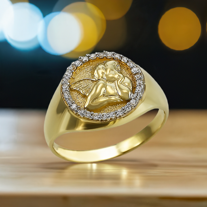 Gold Cupid Cherub Angel Halo CZ Round Signet Ring
