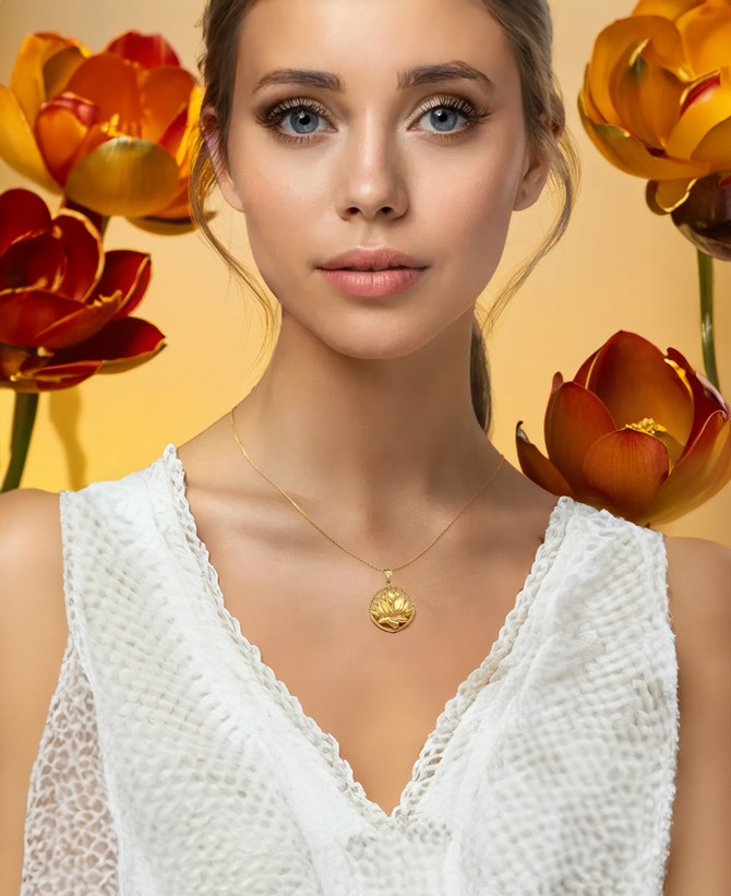 Polished Gold Lotus Flower in Circle Yoga Pendant Necklace