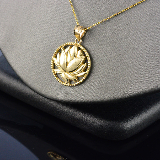 Polished Gold Lotus Flower in Circle Yoga Pendant Necklace