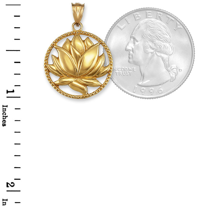 Polished Gold Lotus Flower in Circle Yoga Pendant Necklace
