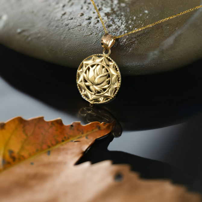 Polished Gold Lotus Mandala Pendant Necklace