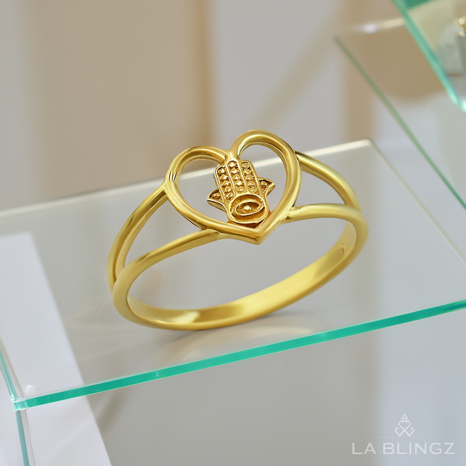 Dainty Gold Hamsa Heart Ring for Women
