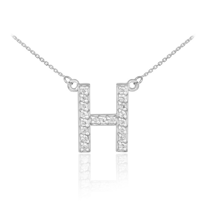 14k White Gold Letter "H" Diamond Initial Necklace
