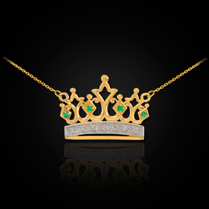 14K Gold Royal Crown Necklace with Emeralds & Diamonds