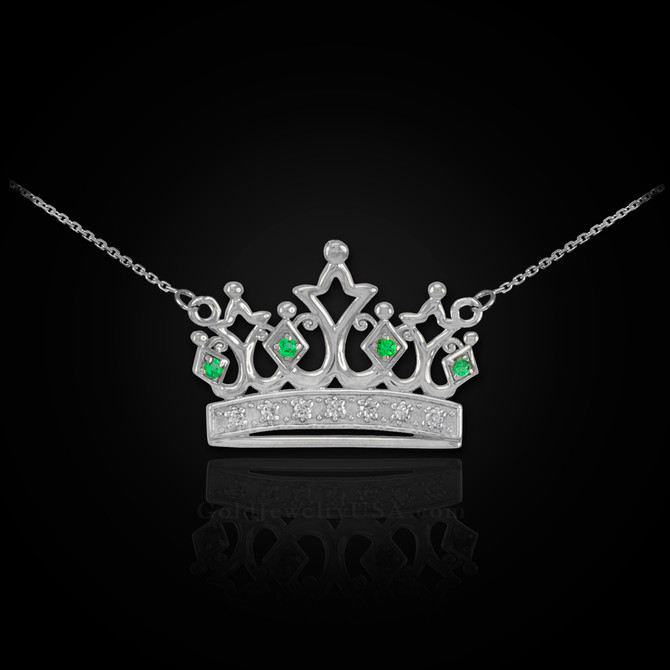14K White Gold Royal Crown Necklace with Emeralds & Diamonds
