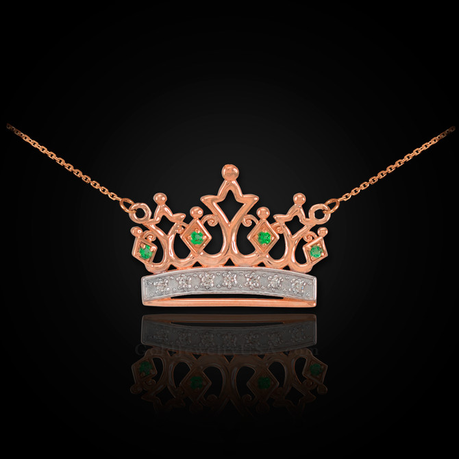14K Rose Gold Quinceanera Crown Necklace with Emeralds & Diamonds