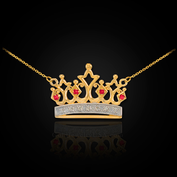 14K Gold Quinceanera Crown Necklace with Ruby & Diamonds