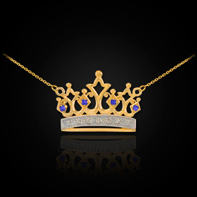 14K Gold Quinceanera Crown Necklace with Blue Sapphires & Diamonds