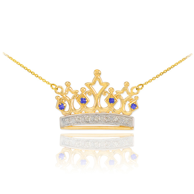 14K Gold Royal Crown Necklace with Blue Sapphires & Diamonds
