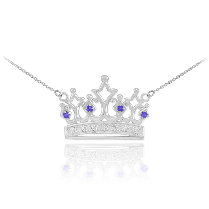 14K White Gold Royal Crown Necklace with Blue Sapphires & Diamonds
