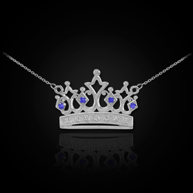 White Gold Crown Necklace with Blue Sapphires & Diamonds