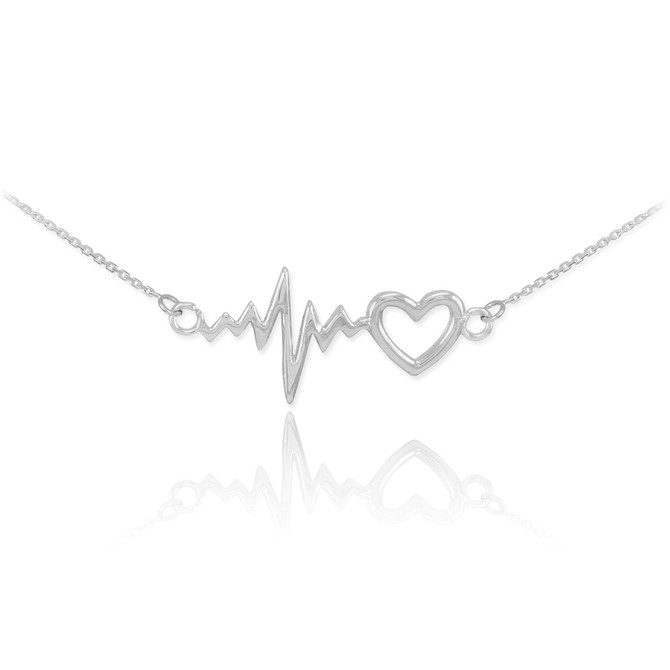 14K White Gold Heartbeat Pulse & Heart Necklace