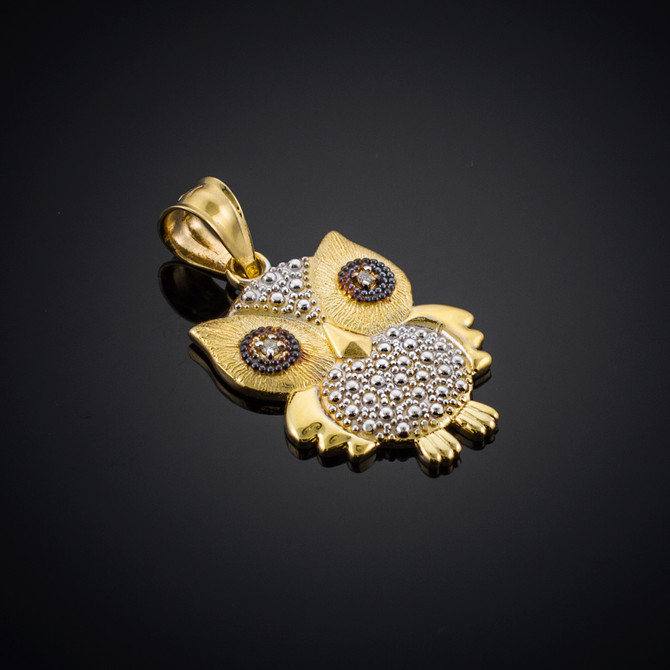 Gold Owl Charm Pendant  Necklace with Diamonds