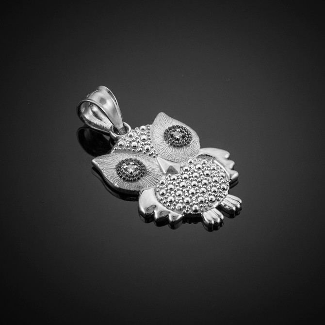 White Gold Owl Charm Pendant Necklace with Diamonds