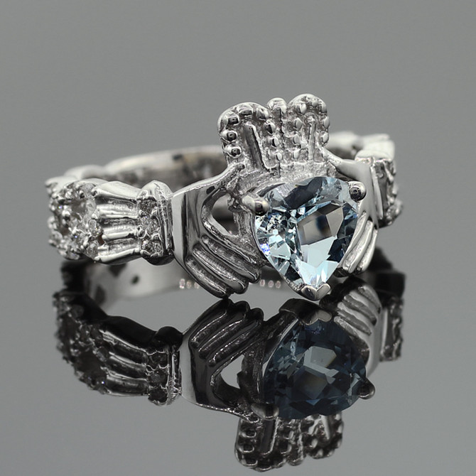 White Gold Aquamarine Diamond Claddagh Ring