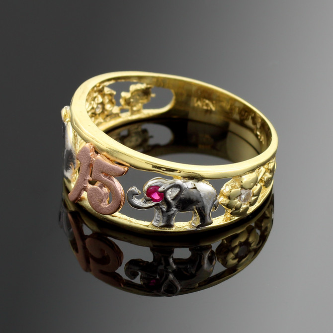 Tri-Tone Gold 15 Anos Quinceanera CZ Ring with Elephants