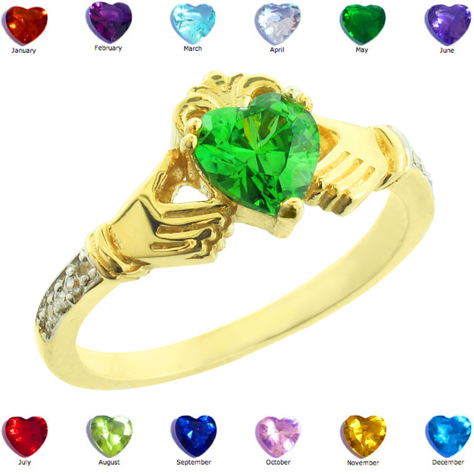 Gold Claddagh CZ Birthstone Ring with Diamonds